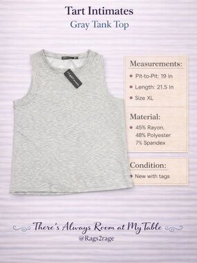 Tart Intimates Gray Tank Top XL NWT Sleeveless Athleisure Stretch